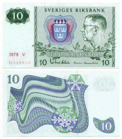 Банкнота Швеция 10 крон 1979 год V H349820. AU