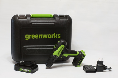 Аккумуляторная дрель шуруповерт Greenworks GD24DD35K2,3704007UA, 24v, АКБ 2 А·ч и ЗУ в кейсе