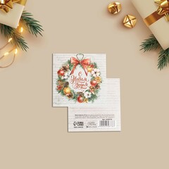 Мини-открытка, С Новым годом, Новогодний венок, 7*7 см, 10 шт.