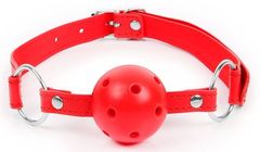 Красный кляп-шарик на регулируемом ремешке с кольцами - 