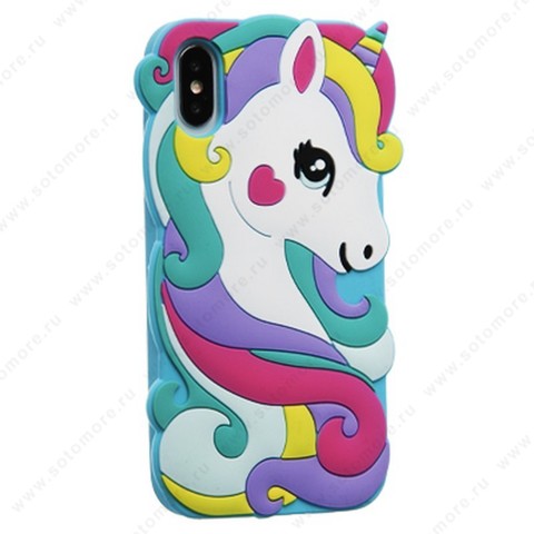 Накладка силиконовый для Apple iPhone XS Max/ X Max мультяшная единорог Вид 2 голубой