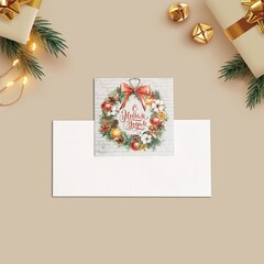 Мини-открытка, С Новым годом, Новогодний венок, 7*7 см, 10 шт.