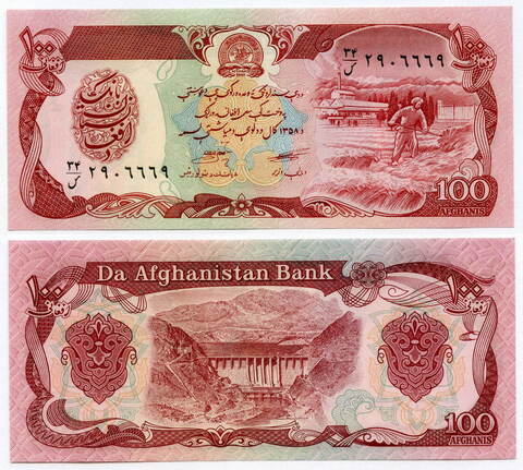 Банкнота Афганистан 100 афгани 1991 год. UNC
