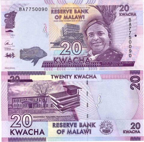 Банкнота Малави 20 квача 2015 год ВА7750090 UNC