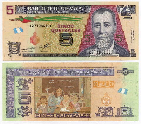 Банкнота Гватемала 5 кетсалей 2014 год. UNC