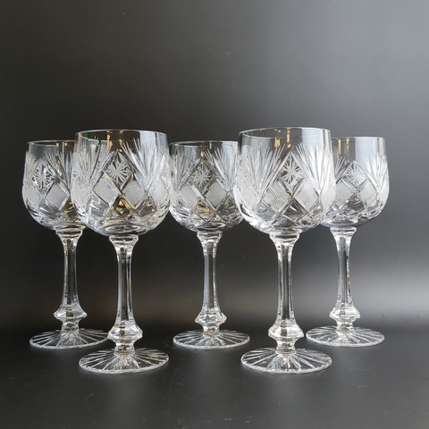 Хрустальные бокалы набор из 5 штук, алмазная грань, геометрический орнамент, 19 см, винтаж СССР 1970-1990 гг