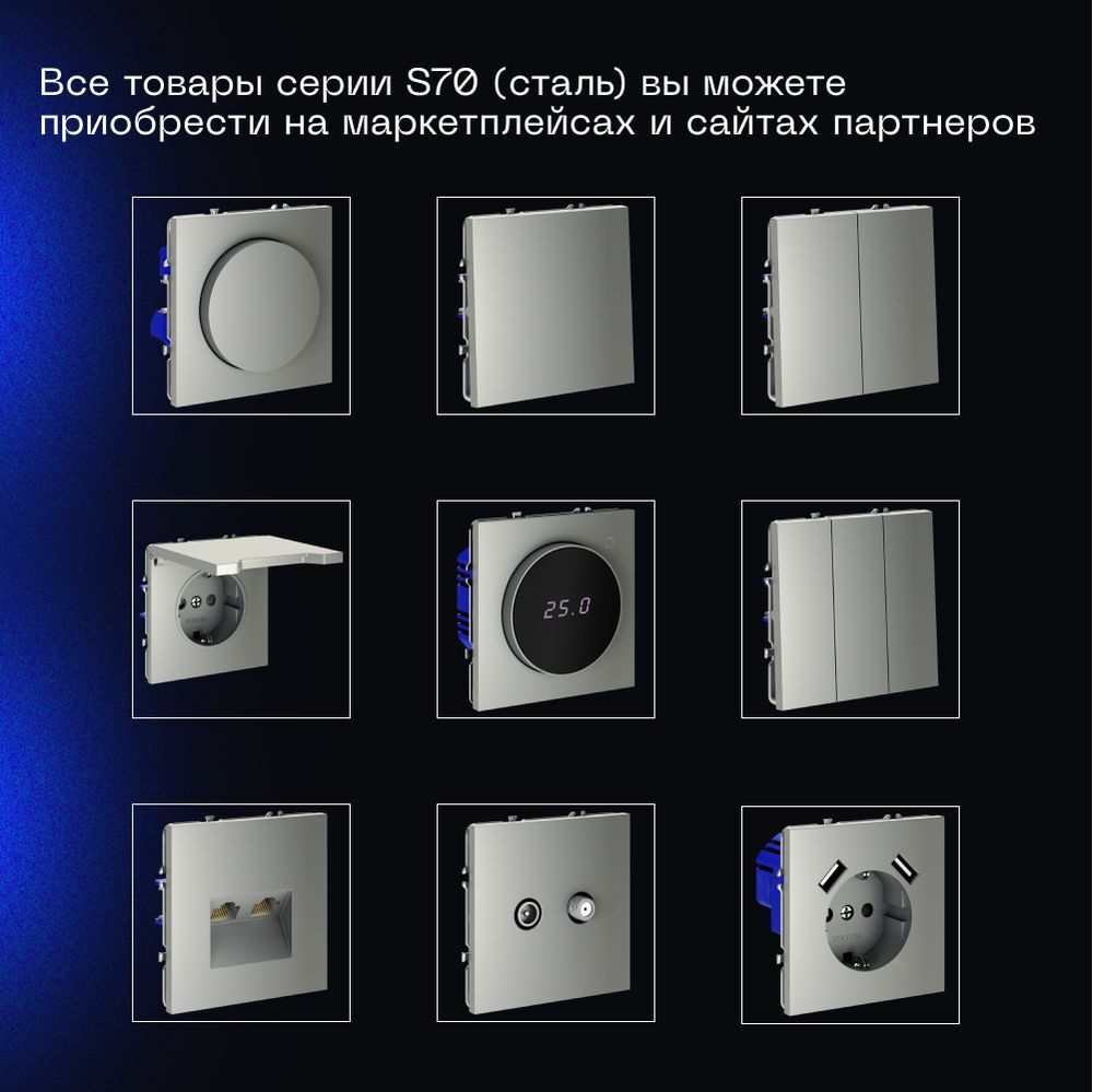 Выключатель встраиваемый Voltum S70 двухклавишный с подсветкой 10А, (сталь) VLS020205