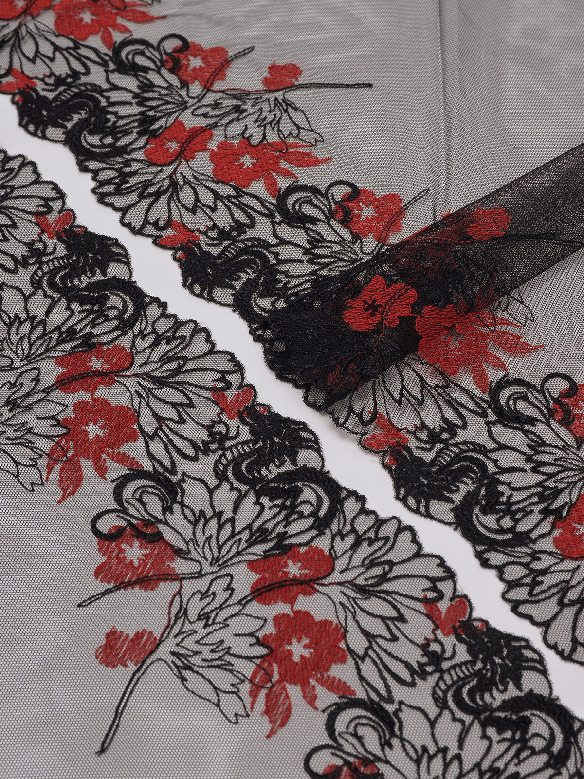 Кружево вышивка на сетке черная с темно-красным ширина 24 см, 2 стороны