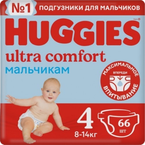 Подгузники HUGGIES Ультра Комфорт д/мальчиков Mega 66 шт №4 8-14 кг РОССИЯ