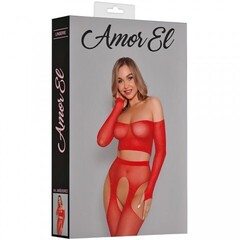 Комплект эротический Amor El топ и чулки с поясом в сетку со стразами, красный, S/L