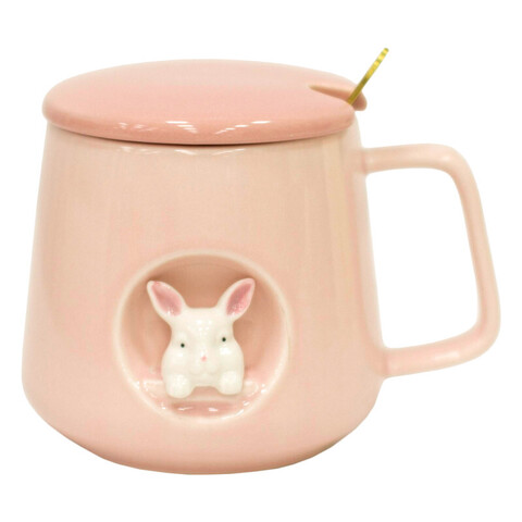 Керамическая кружка с крышкой и ложкой (10x7.8cm), розовый, 380 мл