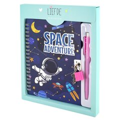 Блокнот в футляре, 18 см * 22 см, гребень, Alingar, мат. ламинация, ручка, замочек, линия, 45 л., "Космос, приключения", бирюзовый