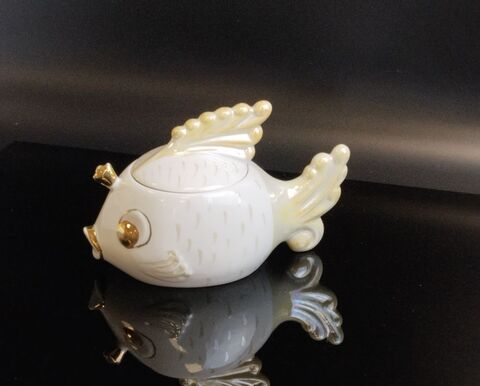 Икорница "Золотая Рыбка" фарфор, перламутр, роспись, Сысерть, Сысертский фарфоровый завод, винтаж СССР 1970-1980 гг