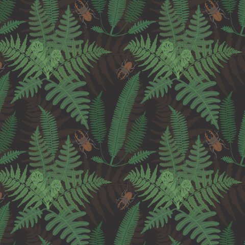 Листья папоротника и жуки-олени на темном фоне