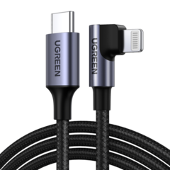 Кабель угловой UGREEN USB-C Male to Lightning Angled Cable Alu Case с оплеткой 1.5м серо-черный US305