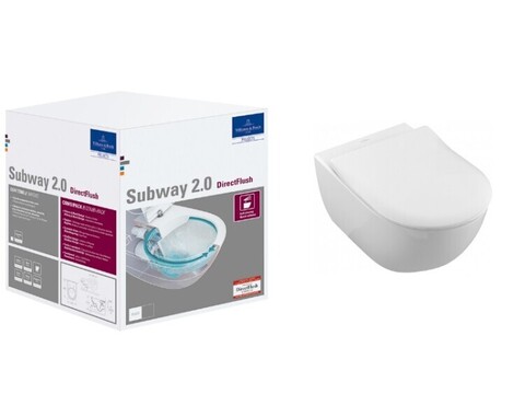 Villeroy&Boch Subway 2.0 5614R2R1 Унитаз, Villeroy&Boch, Subway 2.0, безободковый (с открытым смывным краем), тип установки-подвесной, ширина, мм-370, глубина, мм-560, высота, мм-365, форма чаши-овальная, выпуск-горизонтальный, материал-санфарфор, си