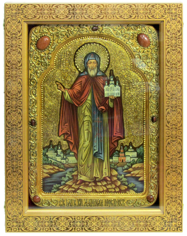Большая Живописная икона Святой благоверный князь Даниил Московский 42х29см на кипарисе в березовом киоте