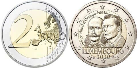 2 евро 2020 Люксембург - 200 лет со дня рождения Генриха Оранско-Нассауского