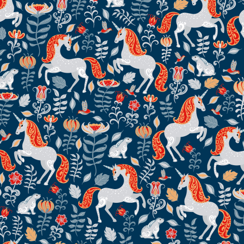 Единороги, зайцы, цветы на синем фоне (Дизайнер Irina Skaska)