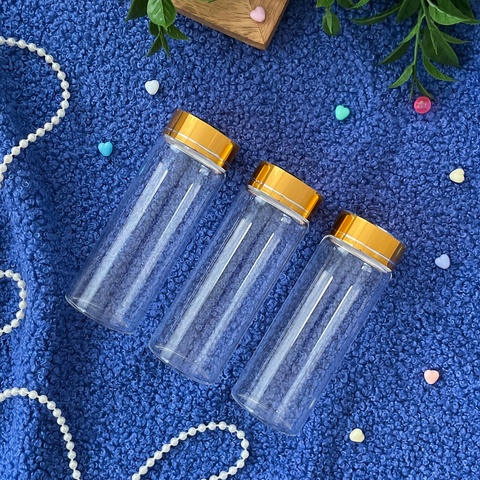 Баночки - бутылочки с золотой крышкой, стеклянные, прозрачные 80 мл, 10*3,7 см, набор 3 штуки.