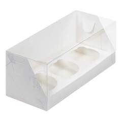 Коробка для 3 капкейков БЕЛАЯ с пластиковой крышкой 24 х 10 х 10 см