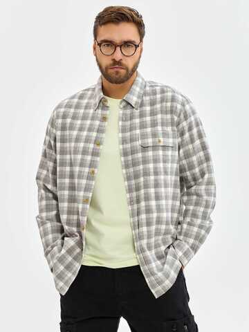 Мужская рубашка в клетку из хлопка с длинным рукавом (Серый) (Арт. РБ-09)