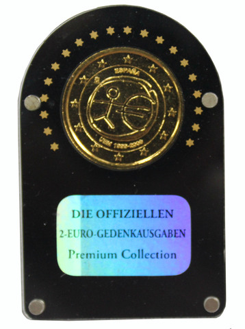 2 евро 10 лет монетной политики ЕС и введения евро. Испания. 2009 год. Биметалл с позолотой