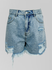 Шорты джинсовые WZH 83123 однотонные со стразами рваный стиль