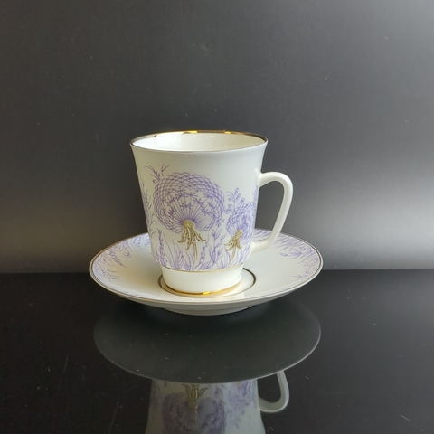 Кофейная пара фарфоровая "Одуванчик", форма "Майская" автор Э.М. Криммер, костяной фарфор, деколь, золочение, винтаж СССР 1970-1990 гг
