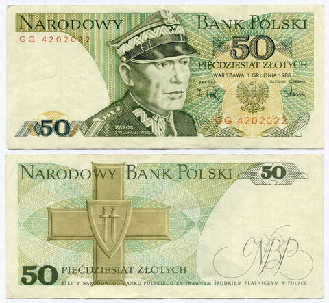 Банкнота Польша 50 злотых 1988 год GG 42020022. VF+