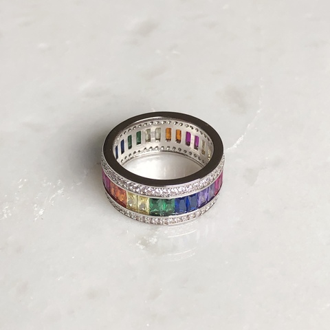Кольцо Радуга  с цирконами, разноцветное серебряный цвет
