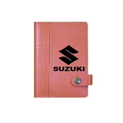 Обложка на автодокументы сложная на кнопке с кармашками "лого Suzuki", рыжая