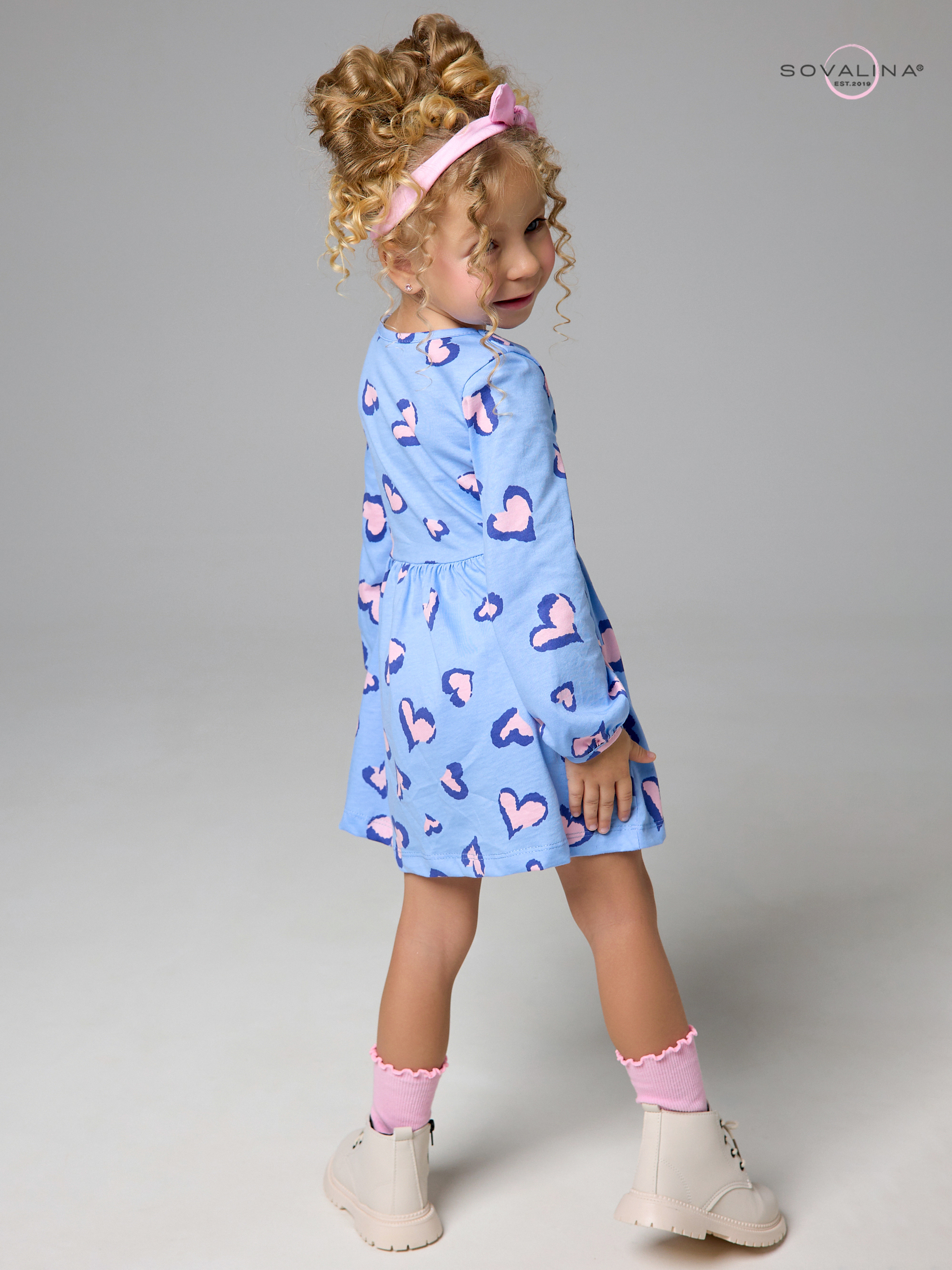 Платье Моана розовые сердечки на голубом