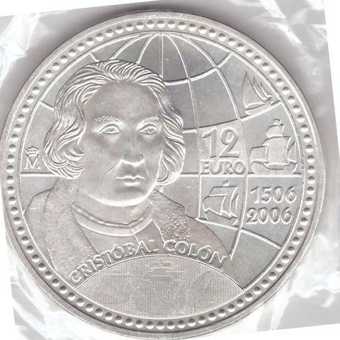 12 евро 2006 год. Испания. 500 лет со дня смерти Христофора Колумба. Серебро UNC в запайке