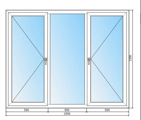 Окно 1,5х1,2 (В) мм 3-секционное с двумя открывающимися створками