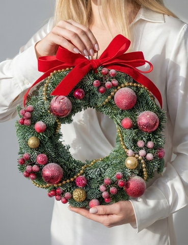 Новогодний венок из датской ели (красный)