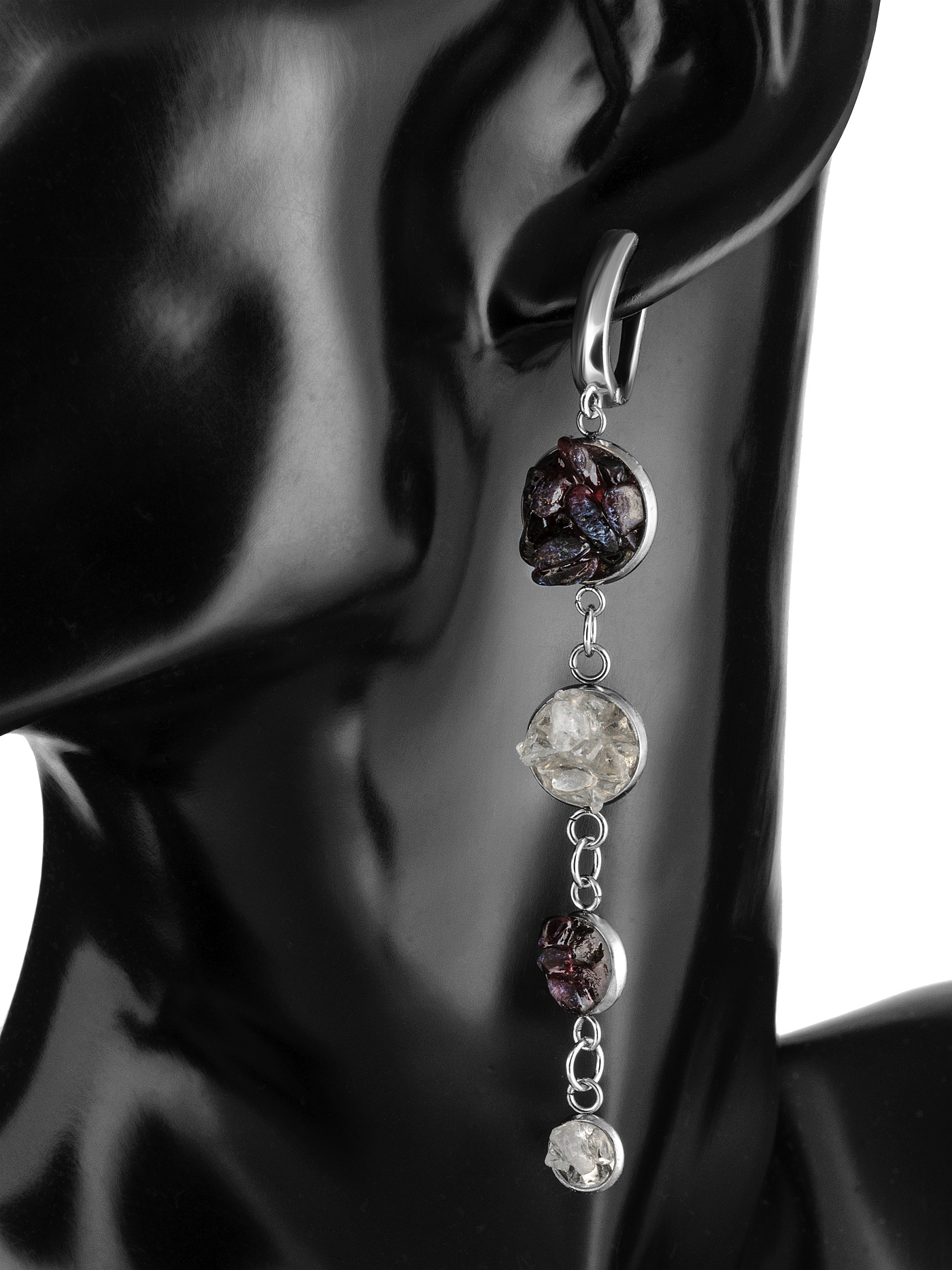 Длинные серьги геометрические с гранатом и хрусталем