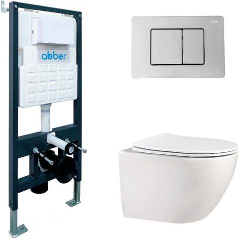 AC1100-AC0105-AC0120 Комплект 3 в 1: подвесной унитаз Bequem AC1100 белый с инсталляцией AC0105 и кнопкой AC0120 хром