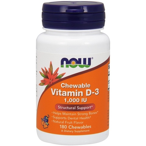 Now Foods, жевательный витамин D-3, с фруктовым вкусом, 1000 МЕ, 180 жевательных таблеток