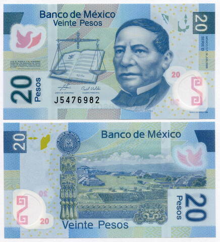 Банкнота Мексика 20 песо 2006 год J5476982. UNC (пластик)