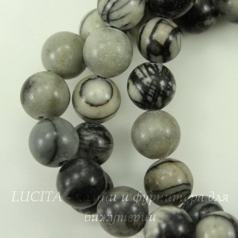 Бусина Яшма, шарик, цвет - серый с полосками, 6 мм, нить