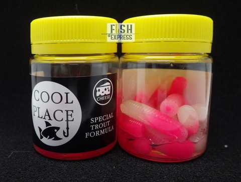 Форелевая силиконовая приманка COOL PLACE BUK FLOATING STRETCH цвет РОЗОВЫЙ-СВЕТОНАКОПИТЕЛЬ(шахматный покрас) ( плавающая/ тянущаяся ) 65 мм/ 7 шт в банке.