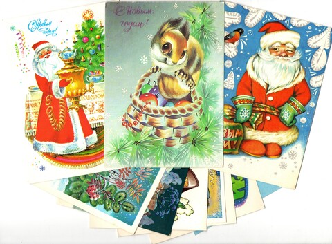 Подборка поздравительных новогодних открыток — 10 штук— разные художники, — чистые, без повторов времен СССР