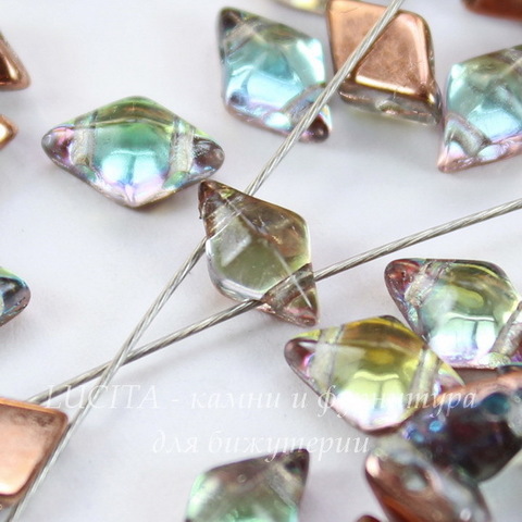 Бусина DiamonDuo Ромб с 2 отверстиями, 8х5 мм, лимонно-голубая с радужным отливом