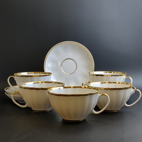 Чайные пары набор на 5 персон (10 предметов), тонкий белоснежный фарфор, золочение, форма "тюльпан", Дулево ФЗ, СССР 1990 год