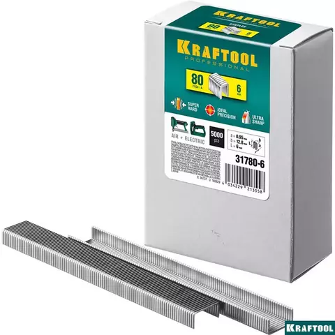 KRAFTOOL тип 80 6 мм, 5000 шт, Тонкие широкие скобы для степлера (31780-6)