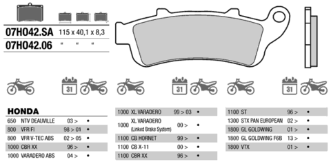 Колодки тормозные BREMBO 07HO4206 для Honda VFR 800, CBR 1100 XX