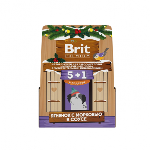 Набор паучей Brit Premium, ягненок и морковь в соусе, для взр. собак мел.пород, 5+1, кормушка,510 г.