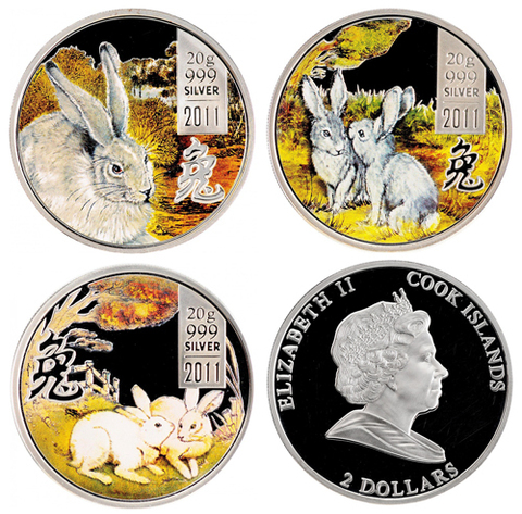 Набор из 3 монет 2 доллара о. Кука. Год кролика. Серебро. 2011 г. exPROOF с цветной печатью