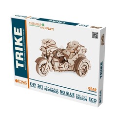 Мотоцикл Трайк (EWA) - Деревянный конструктор, сборная механическая модель, 3D пазл